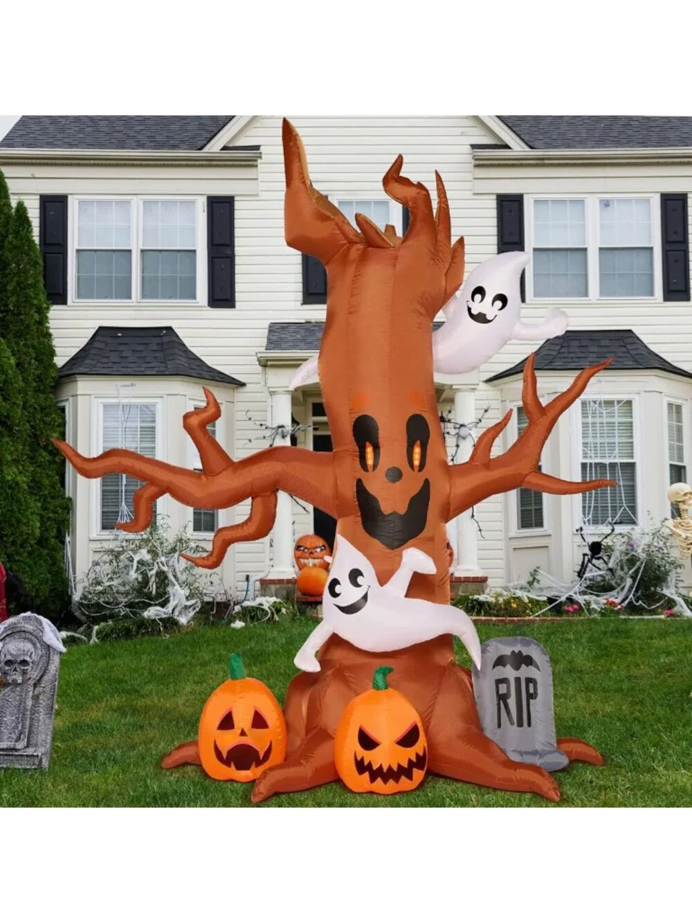 8FT Halloween Inflatable Scary Tree with Ghost, LED Pumpkin & Tombstone Decor